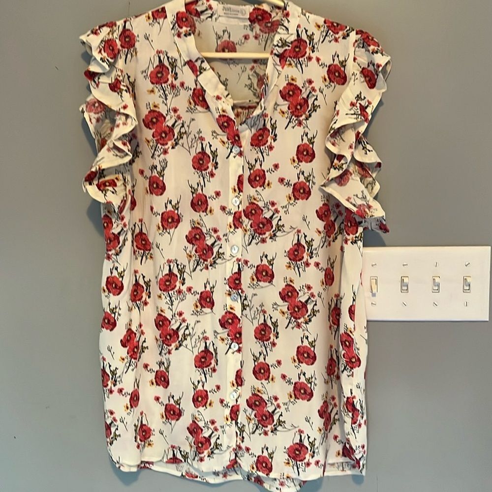 Floral Rayon Lightweight Button Down Summer Top with Poppies Size Large